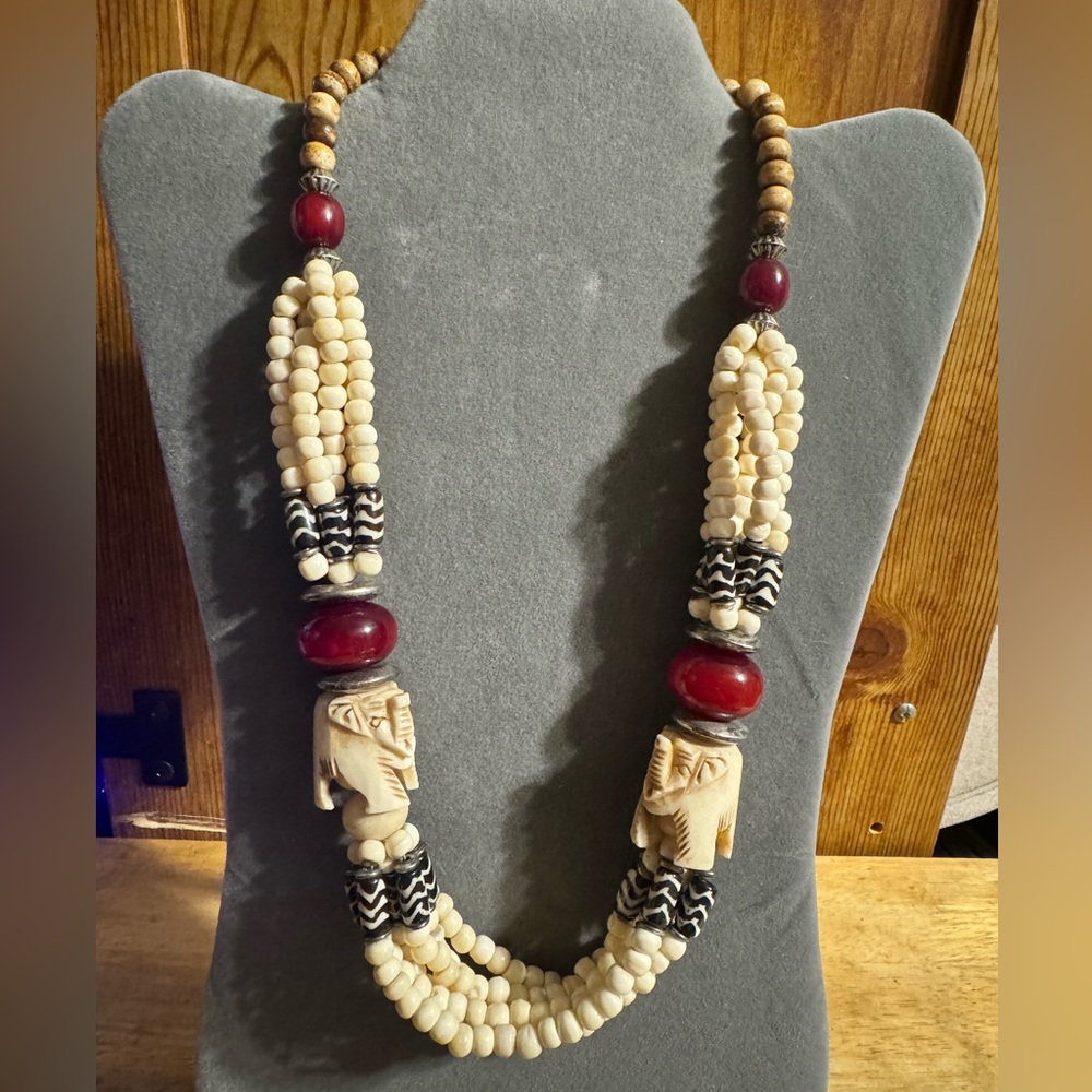 Tribal Carved Elephant Beaded Chunky Statement Necklace